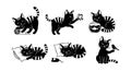 Playful black striped cat illustrations with butterfly fishbowl pillow and bird vector set Royalty Free Stock Photo