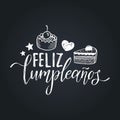 Vector Feliz Cumpleanos, translated Happy Birthday lettering design. Festive illustration with cake for greeting cards.