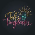 Vector Feliz Cumpleanos, translated Happy Birthday lettering design. Festive illustration with cake for greeting cards. Royalty Free Stock Photo