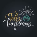 Vector Feliz Cumpleanos, translated Happy Birthday lettering design. Festive illustration with cake for greeting cards. Royalty Free Stock Photo