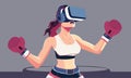 Vector of Female Boxer Wearing VR Headset With Boxing Gloves On Gray And Purple
