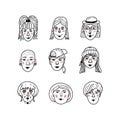 Vector female faces, Doodle portraits of girls. Funny avatars of women, Coloring book. Collection of hand-drawn trendy