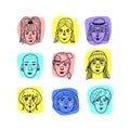 Vector female faces, Doodle portraits of girls. Funny avatars of women, Hand-drawn trendy hipster girls. Vector