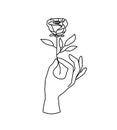 Vector female hand logo, icon in minimal linear style. Emblem design template with hand gesture holding rose flower for cosmetics Royalty Free Stock Photo