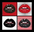 Vector female lips set. Fashion patches elements in pop art, retro style. Black, red, gold and silver. Royalty Free Stock Photo