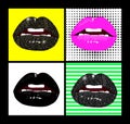 Vector female lips set. Fashion patches elements in pop art, retro style. Bright background and beautiful gloss lips of