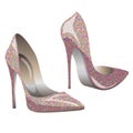 Vector female realistic pumps with sparkles isolated on white. Shiny pearlescent high heel shoes.