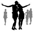 Vector female silhouettes, 5 happy joyful girls in the summer in full growth, hands up, thumbs up sign V. Isolated