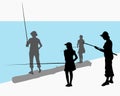 Vector female silhouettes. Teenager girl with mom fishing. A group of people. Woman in a hat and jeans with fishing rod. A girl in