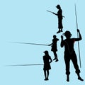 Vector female silhouettes. Teenager girl with mom fishing. Woman in a hat and jeans with a fishing rod. The girl in the dress is Royalty Free Stock Photo