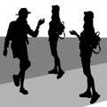 Vector female silhouettes of a young girl in wool and a mini skirt a tourist stands with a raised hand with an open palm, a woman