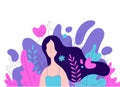 Vector feminine illustration. Woman with long hair among florals, leaves, flowers. Nature, spring