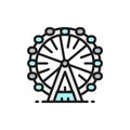 Ferris wheel, London eye flat color line icon.