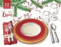 Vector Festive cutlery set: forks, knives, spoons, empty plate on napkin with spruce branch.