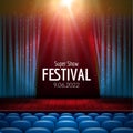 Vector Festive design with lights and wooden scene and seats. Poster for concert, party, theater, dance template. Wooden