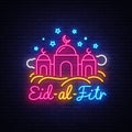 Vector Festive Illustration of Eid-Al-Fitr Neon Label. Ramadan Kareem holiday card Muslim holiday, design template Royalty Free Stock Photo