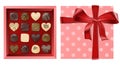 Vector festive top view coral gift open square box with red ribbon and bow and chocolates