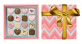 Vector festive top view pink blue gift open square box with golden ribbon and bow and colorful chocolate candies Royalty Free Stock Photo