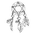 Vector Fether dreamcatcher. Black and white engraved ink art. Isolated dream catcher illustration element.