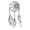 Vector Fether dreamcatcher. Black and white engraved ink art. Isolated dream catcher illustration element.