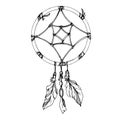 Vector Fether dreamcatcher. Black and white engraved ink art. Isolated dream catcher illustration element.