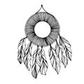 Vector Fether dreamcatcher. Black and white engraved ink art. Isolated dream catcher illustration element. Royalty Free Stock Photo