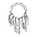 Vector Fether dreamcatcher. Black and white engraved ink art. Isolated dream catcher illustration element.