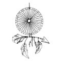 Vector Fether dreamcatcher. Black and white engraved ink art. Isolated dream catcher illustration element.