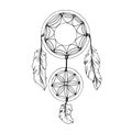 Vector Fether dreamcatcher. Black and white engraved ink art. Isolated dream catcher illustration element.