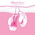 Vector fighting boxing gloves and ribbon on the pink background. Design with hanging gloves and ribbon. Royalty Free Stock Photo