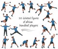 Vector figures of black handball players and keepers team in blue T-shirts in various poses training, running, jumping, throwing