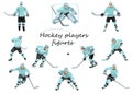 Vector figures of hockey players in various poses in light blue sports uniforms with clubs Royalty Free Stock Photo