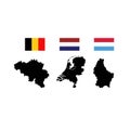 Benelux map and flags - three states in western Europe: Belgium, the Netherlands, and Luxembourg