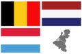 Benelux map and flags - three states in western Europe: Belgium, the Netherlands, and Luxembourg Royalty Free Stock Photo