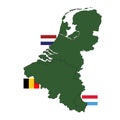 Benelux map and flags - three states in western Europe: Belgium, the Netherlands, and Luxembourg Royalty Free Stock Photo