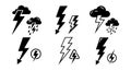 Lightning bolt icons set with thunderstorm and rain vector symbols in black design for weather or energy concepts Royalty Free Stock Photo