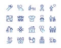 Vector filled outline icons related with humanitarian causes - volunteering, adoption, donations, charity, non-profit