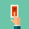 Vector Finger pressing on red button. Push button flat style concept illustration. Royalty Free Stock Photo