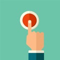 Vector Finger pressing on red button. Push button flat style concept illustration. Royalty Free Stock Photo