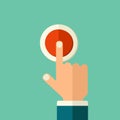 Vector Finger pressing on red button. Push button flat style concept illustration.