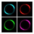 Different color fire circles on black background. Fire ring glowing trace set. Vector fire blue, red, green and pink Royalty Free Stock Photo