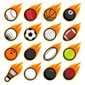 Vector fire flying play sport balls logo icons set Royalty Free Stock Photo