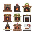 Vector fireplace. Merry Christmas and harry New Year holiday decoration