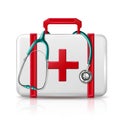 Vector First aid help bag with stethoscope, isolated on white background.