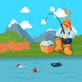 Vector fisherman with fishing road catching a fish on mountain landscape bacgkround concept illustration