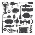 Vector fisherman monochrome handdrawn objects & items set