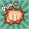 Vector fist punching illustration in pop-art style.