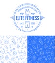 Vector fitness badge and seamless pattern set