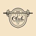 Vector fitness logo. Hand sketched athletic barbell illustration. Gym emblem, badge, sports complex sign, club icon. Royalty Free Stock Photo