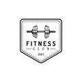 Vector fitness logo. Hand sketched athletic barbell illustration. Gym emblem, badge, sports complex sign, club icon.